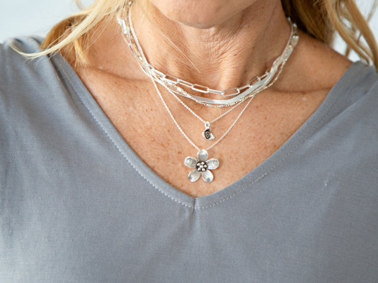 One Silver Rose Necklace - Honey + Ice